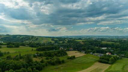 Aerial view rural landscape farms villages picturesque green