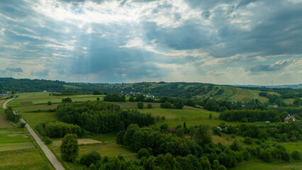 Aerial view rural landscape farms villages picturesque green