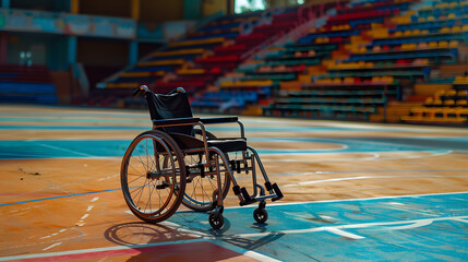 A wheelchair is sitting on the basketball court in front of an empty stadium 