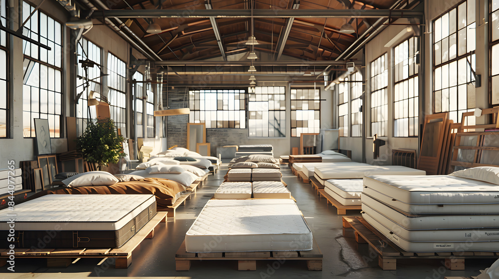 Poster a wide shot of mattress models on display in an industrial warehouse setting. showcasing their vario