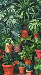 Fototapeta premium Stunning Digital Illustration of Diverse Houseplants in Elegant Pots for a Cozy Interior Ambiance