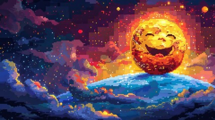 Horizontal banner. World Emoji Day. Funny laughing 3d emoji with closed eyes . Pixel design, multi-colored background. Free space for text, copy space