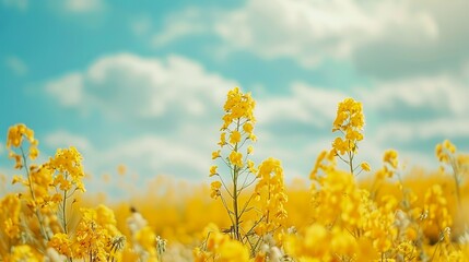 A field of yellow flowers with a blue sky in the background