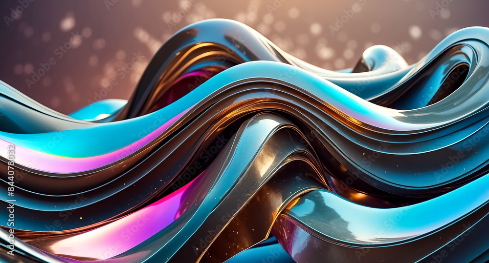 Poster abstract 3d metallic waves with bokeh background