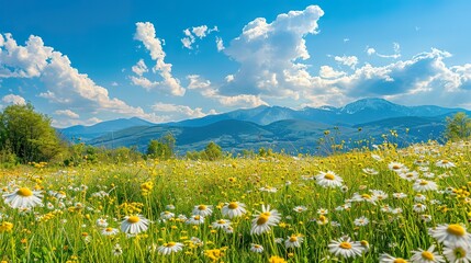 A field of yellow and white flowers with a blue sky in the background