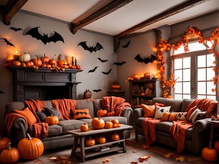 Obraz premium Living room decorated with pumpkins and bats design. 
