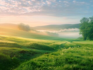 Obraz premium A field of grass with a foggy mist in the background