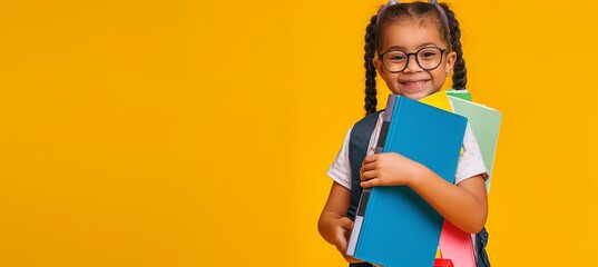 A happy little girl wearing glasses is holding books and carrying a backpack on her back, smiling at the camera against a yellow background. - Powered by Adobe