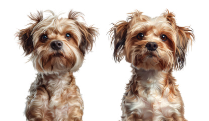 Two small brown and white dogs, with similar facial features and fluffy fur, captured in a portrait.