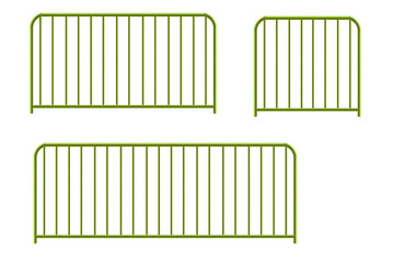 Painted green medium length, short and long fence or balustrade made of steel pipes and bars - on isolated transparent background.