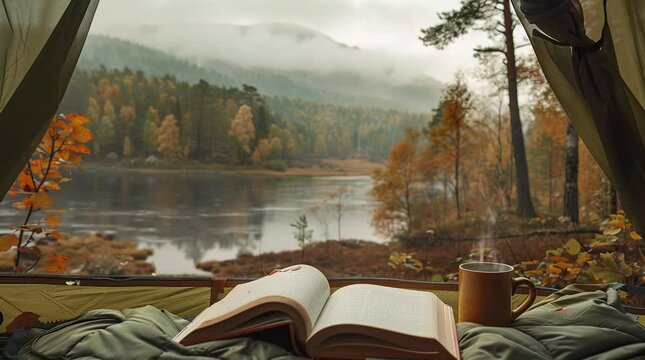 Relaxing morning with book and coffee in tent overlooking a serene lake landscape
 Seamless looping 4k time-lapse virtual video animation background. Generated AI