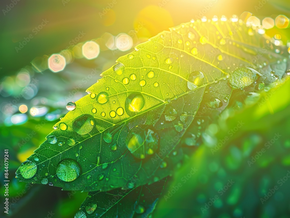 Wall mural a leaf with water droplets on it