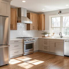 Modern Kitchen With Stainless Steel Appliances and Wood Cabinets