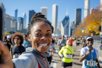 A woman is taking a selfie while running in a marathon