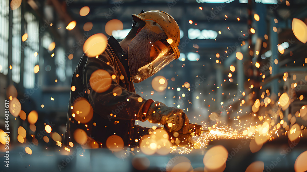 Poster a worker in an industrial setting is using an angle grinder. winter working with sparks flying aroun