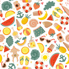 Marine seamless pattern on a white background. Cute summer icons. Tropical holidays. Summer beach. Hand drawn. Vector illustration.