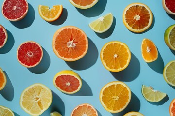Fresh Citrus Fruit on Blue Background