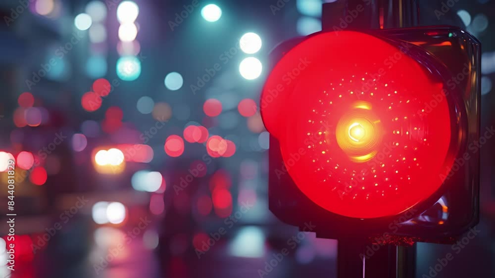 Poster a futuristic red traffic light equipped with ai technology that uses realtime data to adjust its tim