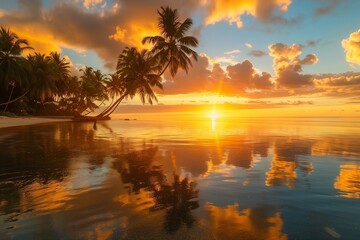 Sunset over a tropical beach with palm trees: Stunning orange sunset reflecting on the calm waters of a tropical beach, surrounded by lush palm trees.