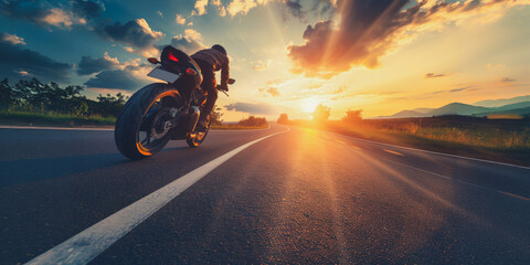 Motorcyclist riding on sunlit road with scenic view