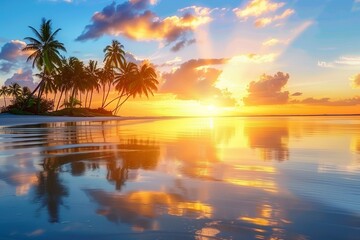 Sunset over a tropical beach with palm trees: Stunning orange sunset reflecting on the calm waters of a tropical beach, surrounded by lush palm trees, blue sky