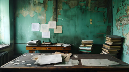 abandoned police station office. papers on desk. green walls 