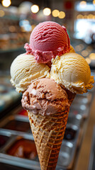 Close Up of Three-Scoop Ice Cream Cone With Strawberry, Vanilla, and Chocolate Flavors at a Shop
