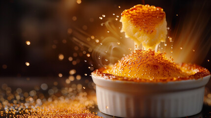 Golden Brown Creme Brulee With Caramelized Sugar Crust and Drizzling Syrup