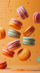 Colorful Macarons Floating in Air Against a Golden Background