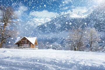 Naklejka premium A snowy winter landscape with a cozy cabin