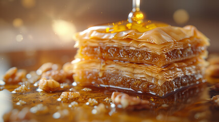 Drizzled Honey On Homemade Baklava With Pecans