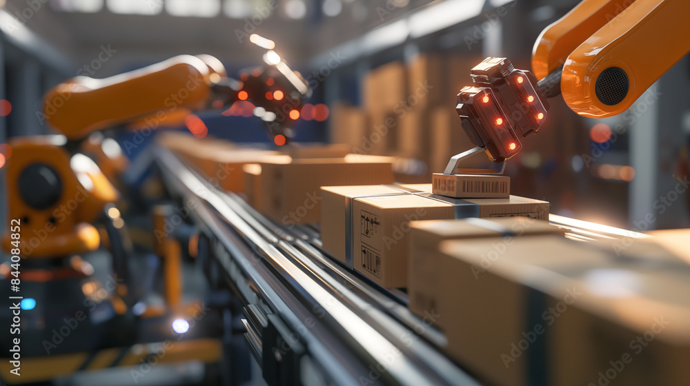 Poster a close-up of a high-tech logistics robot sorting packages with incredible precision and speed