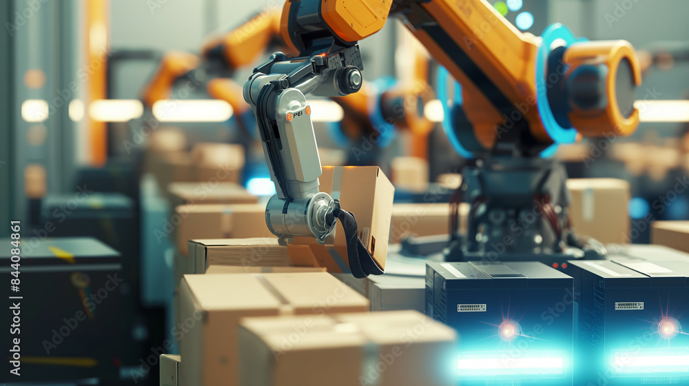 Poster a close-up of a high-tech logistics robot sorting packages with incredible precision and speed