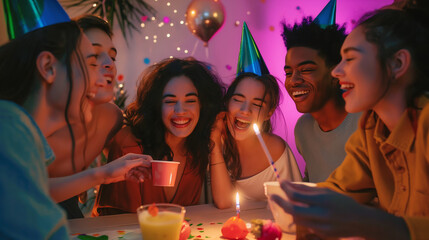 Friends planning a virtual surprise party, coordinating details through a video call