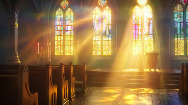 A serene church interior with sunlight streaming through stained glass windows, depicting scenes from the life of Jesus