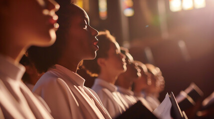 A peaceful scene of a church choir singing during a service, their voices lifting in harmony