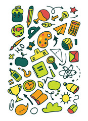 Back to school vector set of bright elements. Educational clipart. School supplies. Cute flat style classroom objects. Ready for school stuff. Back to school. Vector illustration