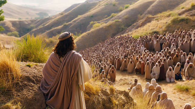 An inspiring image of Jesus delivering the Beatitudes, with a large crowd gathered on the hillside