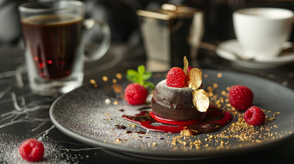 A decadent dessert plate with a chocolate fondant, raspberry coulis, and gold leaf garnish, served with an espresso in a sophisticated patisserie
