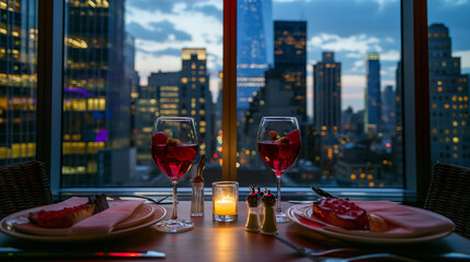 A romantic dinner for two with a gourmet tasting menu featuring dishes like lobster bisque and crÃ¨me brÃ»lÃ©e, with a view of the city skyline from a rooftop restaurant