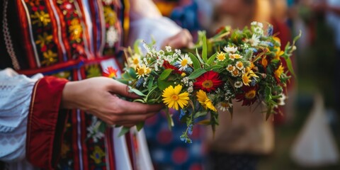 A close-up of a person holding a flower crown, preparing for a traditional Midsummer celebration