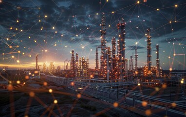 Network solutions for gas exploration, featuring interconnected nodes and industrial elements on the side view, emphasizing advanced connectivity for efficiency and technical advancement.