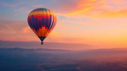 Naklejka premium A colorful hot air balloon rising into the sky at sunrise, with the horizon painted in warm shades of orange and pink, creating a breathtaking backdrop