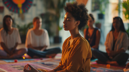 A yoga workshop focused on mindfulness and meditation, with participants seated in a circle, eyes closed, and soft music playing in the background