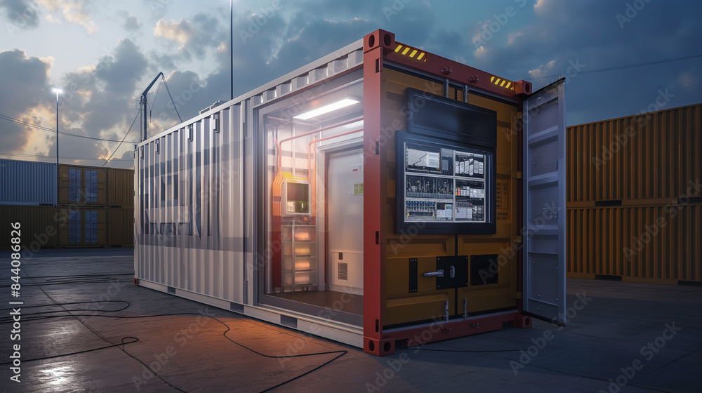 Poster a high-tech shipping container equipped with temperature control and real-time tracking for perishab