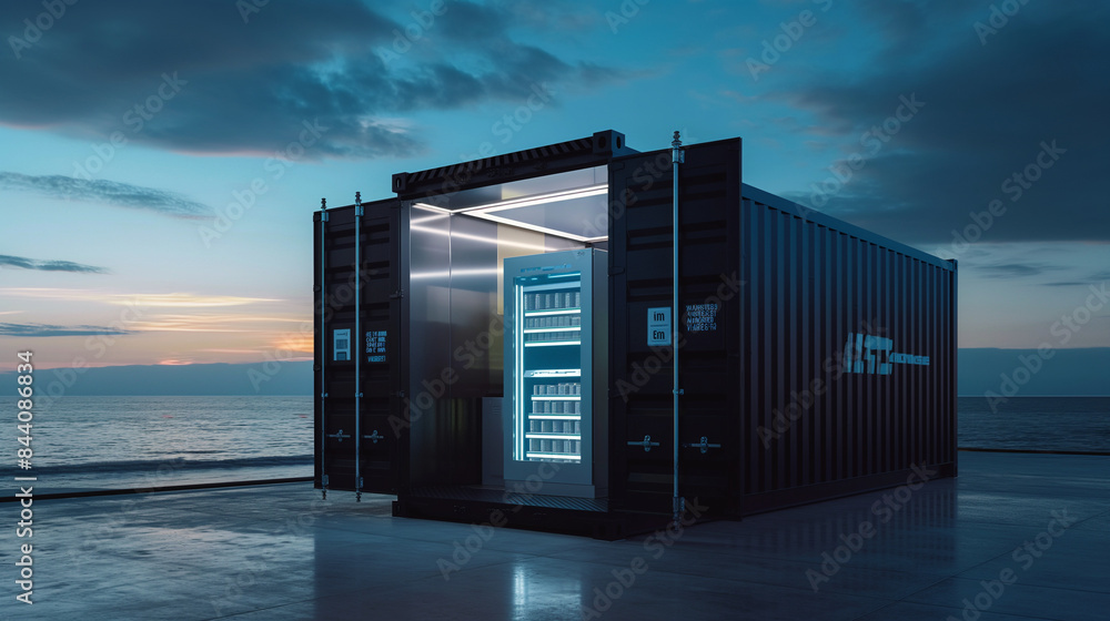 Poster a high-tech shipping container equipped with temperature control and real-time tracking for perishab