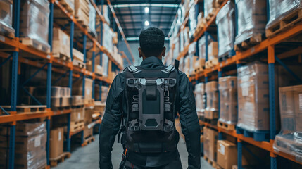 A warehouse worker operating a wearable exoskeleton to handle heavy loads with ease