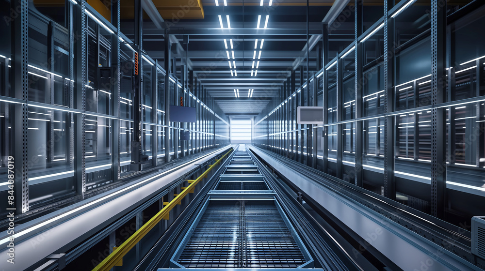 Poster a sleek, modern warehouse with automated storage and retrieval systems enhancing efficiency