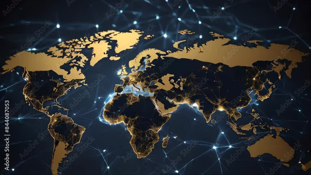 Poster global worldwide network connection and data connections concept. a world map with a blue light conn