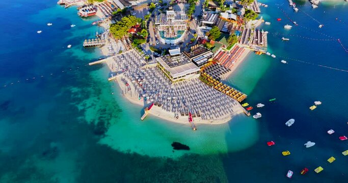 Aerial video of Ksamili Islands with its white sand shores and clear blue waters in Southern Albania